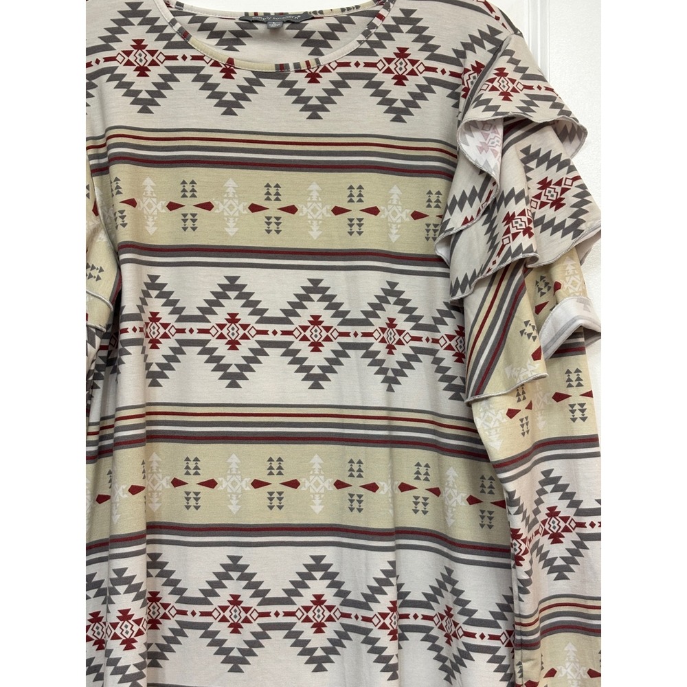 Simply Southern Southwestern Ruffle Sleeve Dress Cream Gray Red Large Boho - Picture 3 of 8